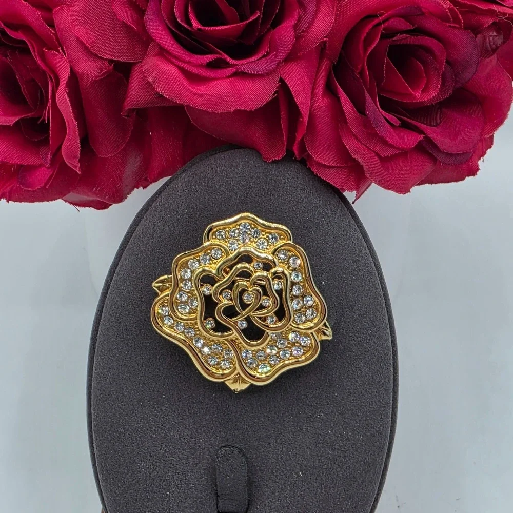 Sparkling Rose Brooch Pin Rhinestone Gold Tone Flower Statement Jewelry Openwork